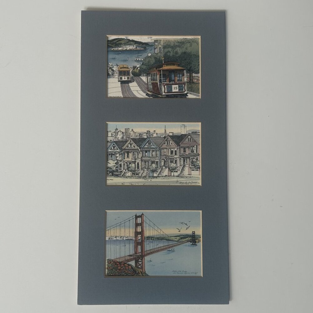 San Francisco Art Hand painted watercolor Triptych; Eileen David Lithographs Mat